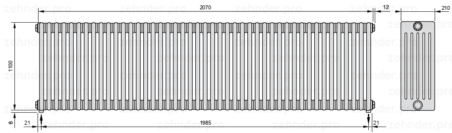 Схема (чертеж) Радиатор Zehnder Charleston 6110/45 №3570 Белый глянцевый RAL 9016